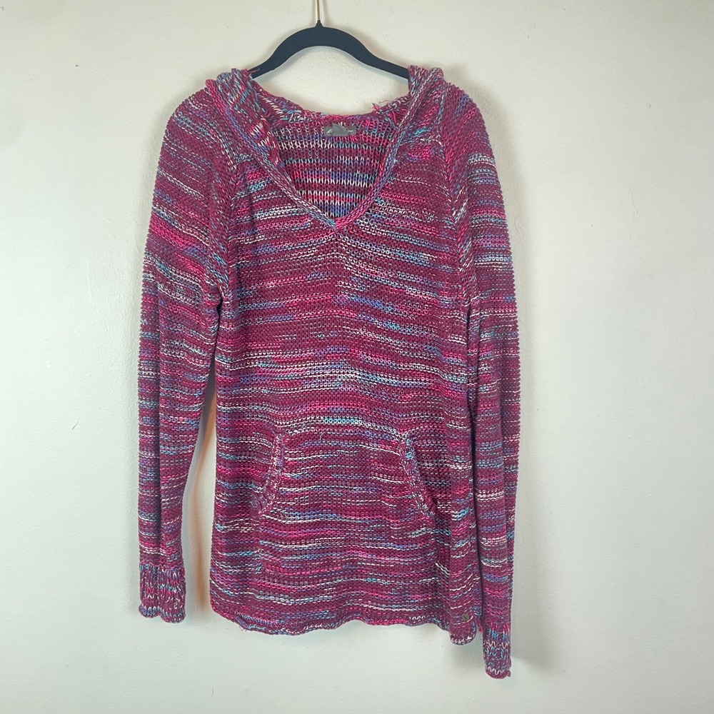 Eddie Bauer Women's‎ Size L Multicolored Striped V Neck Hooded Knit Sweater
